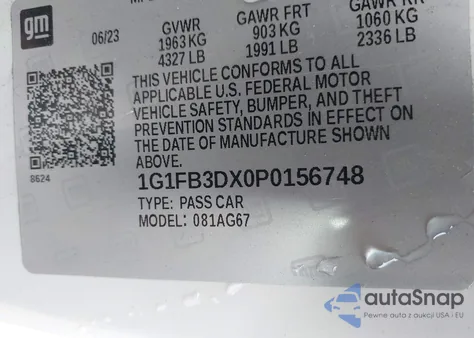 2023 Chevrolet Camaro Rwd 1Lt z USA, uszkodzony, nr VIN 1G1FB3DX0P0156748